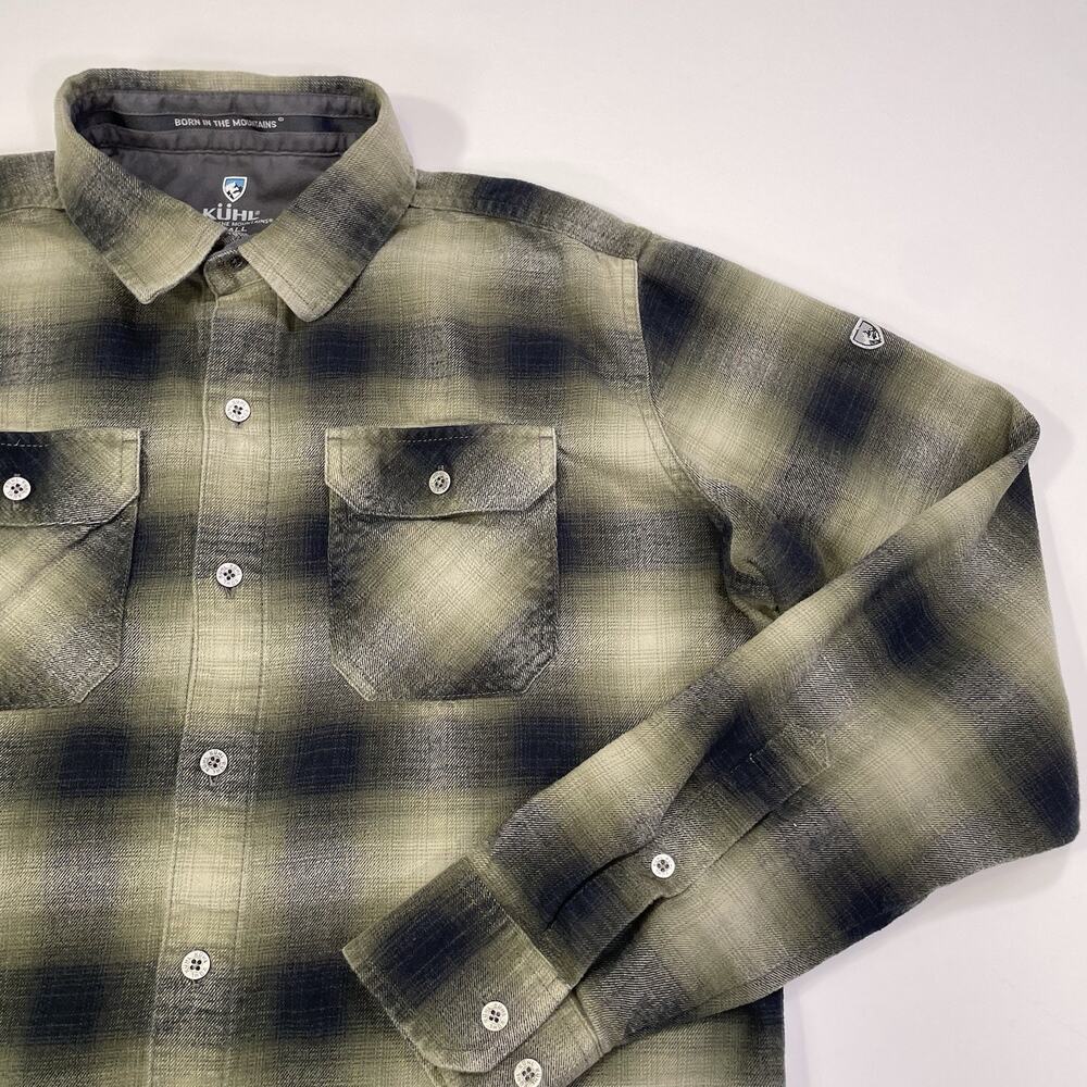 Kuhl Button Up Plaid Short Men’s Small Green Long Sleeve Metal Buttons